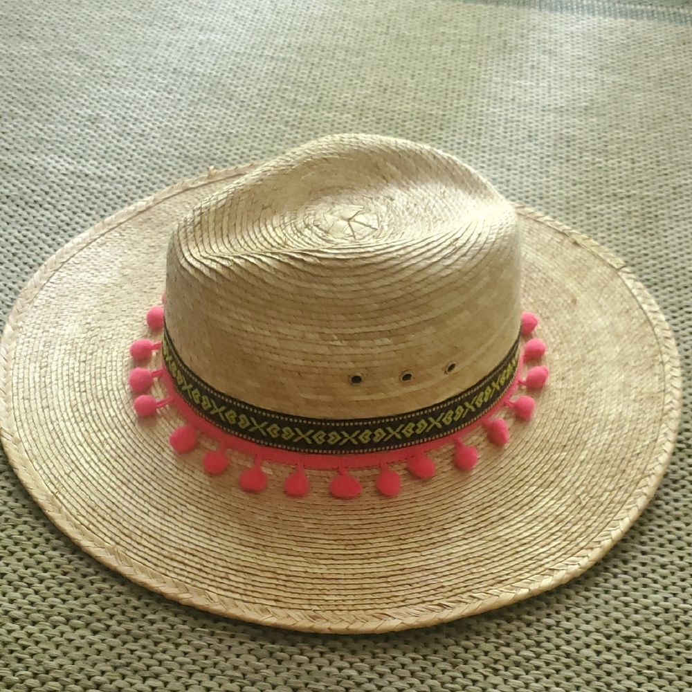 Straw Pom-Pom Sun Hat with Pink Trim